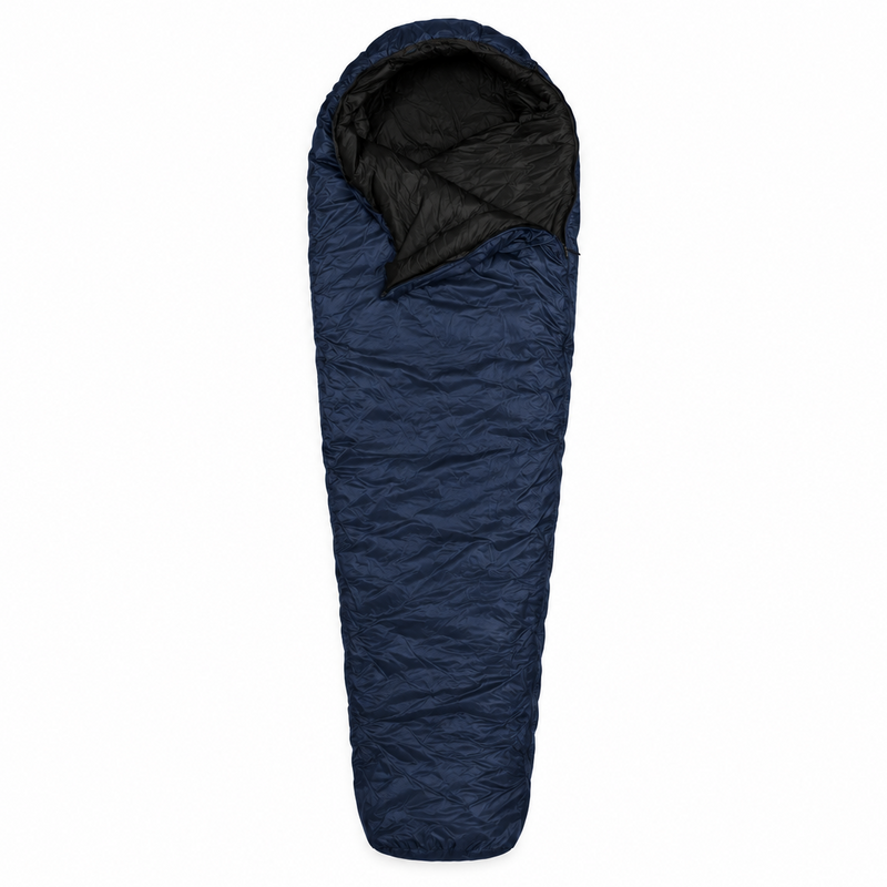 Load image into Gallery viewer, A navy blue sleeping bag with a black hood and black interior lining, shown vertically against a plain white background.