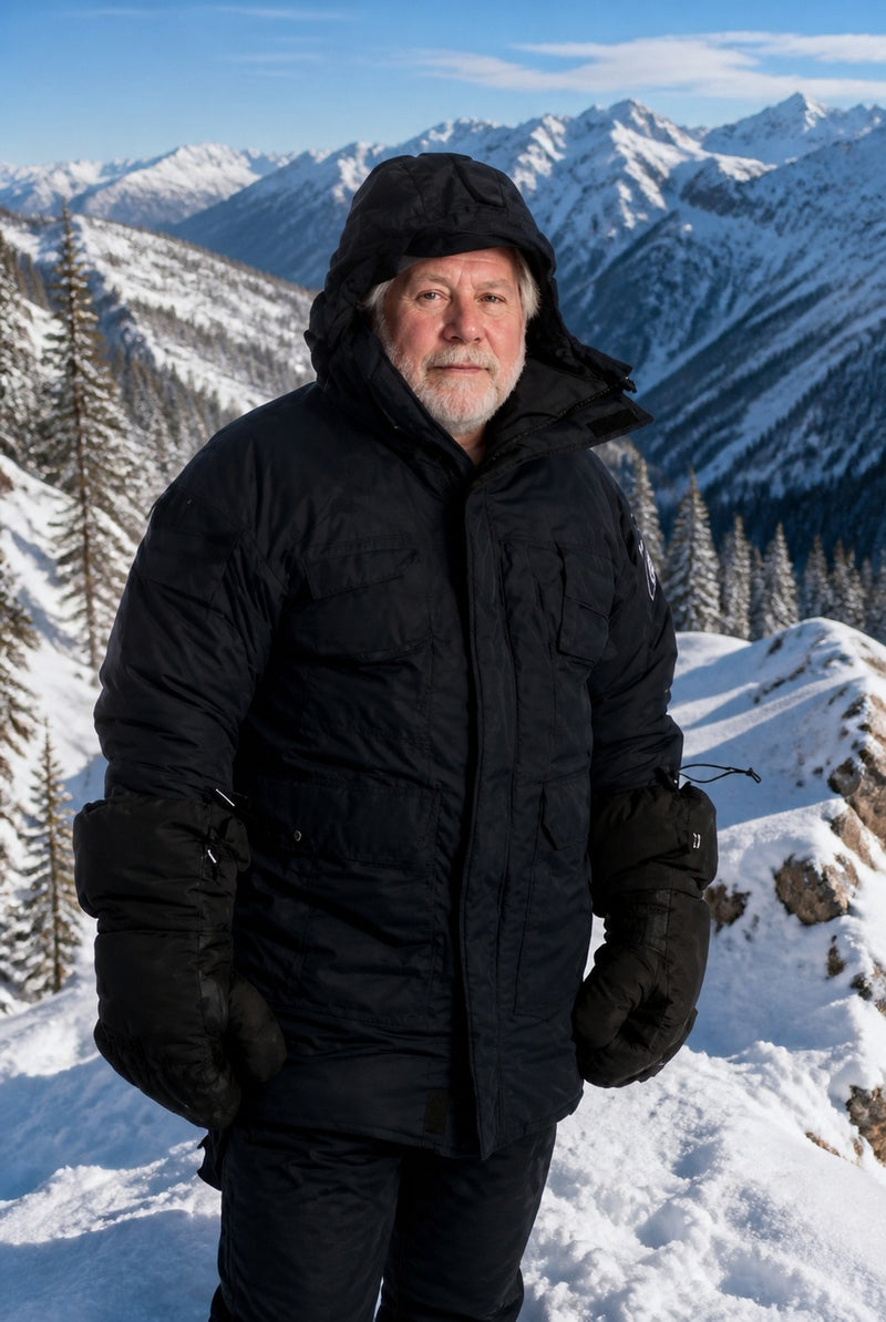 Load image into Gallery viewer, Man wearing a Black Wiggy's Antarctic Parka In the Mountains 
