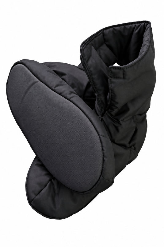 A pair of dark gray padded boot covers or protective sleeves shown on a plain white background.