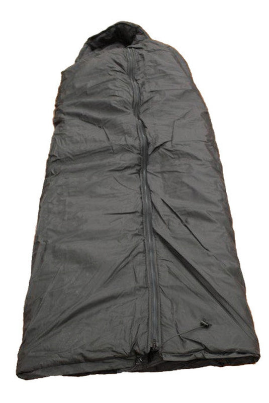 A dark gray zippered sleeping bag or padded sleeve shown flat against a plain white background.