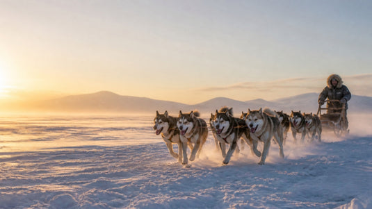 Musher driving a sled dog team across snowy Arctic tundra at sunrise