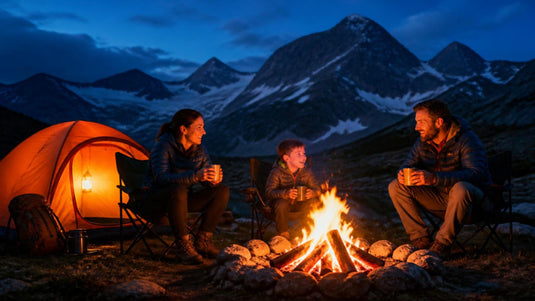 A family camping in the mountains at dusk, sitting by a campfire beside a glowing tent