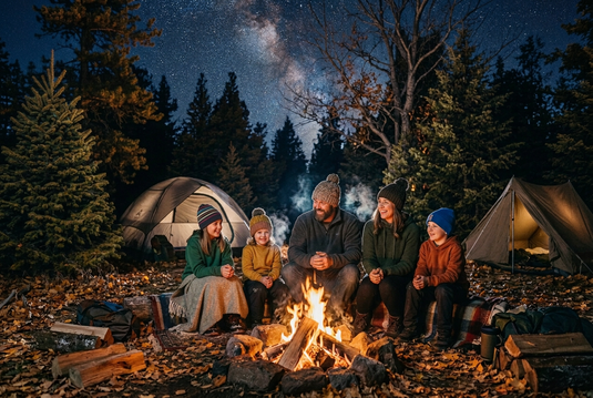 Family around a campfire on a cold, starry night