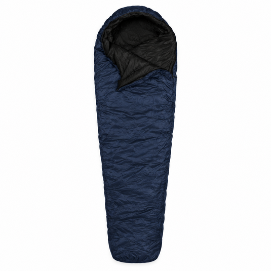 A navy blue sleeping bag with a black hood and black interior lining, shown vertically against a plain white background.