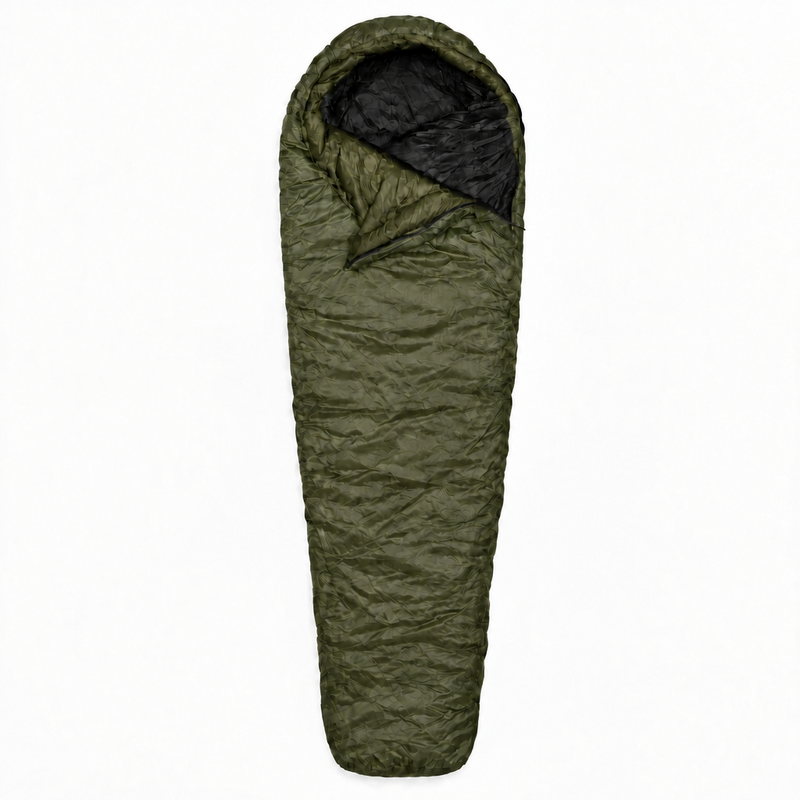 Load image into Gallery viewer, An olive green mummy-style sleeping bag with a black interior lining, shown flat against a solid white background.
