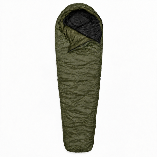 An olive green mummy-style sleeping bag with a black interior lining, shown flat against a solid white background.