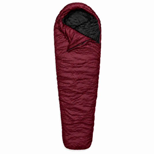 A maroon quilted sleeping bag with a black interior lining, shown flat against a solid white background.