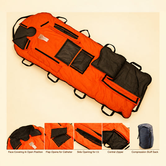 An orange and black medical trauma support pad or gurney shown on a white background, with four small detail inset images along the bottom showing openings, zippers, and a blue compression pack.